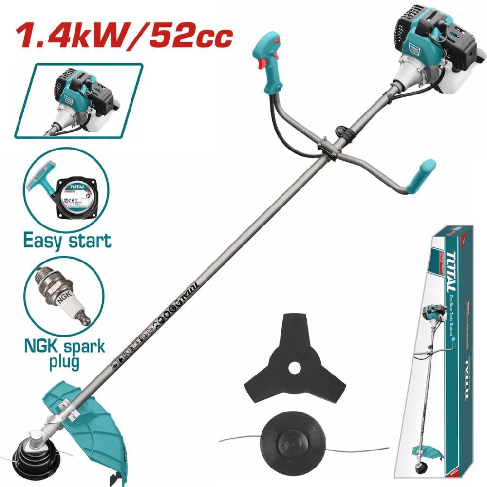 Βενζινοκίνητο Θαμνοκοπτικό TOTAL 52cc για καθαρισμό χόρτων και θάμνων με ισχυρό κινητήρα και εύκολη εκκίνηση."