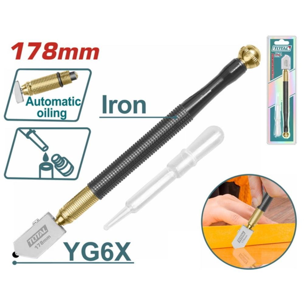 Επαγγελματικός Κόφτης Γυαλιού Total THT561781 178mm για ακριβείς κοπές σε τζάμια και γυάλινες επιφάνειες.