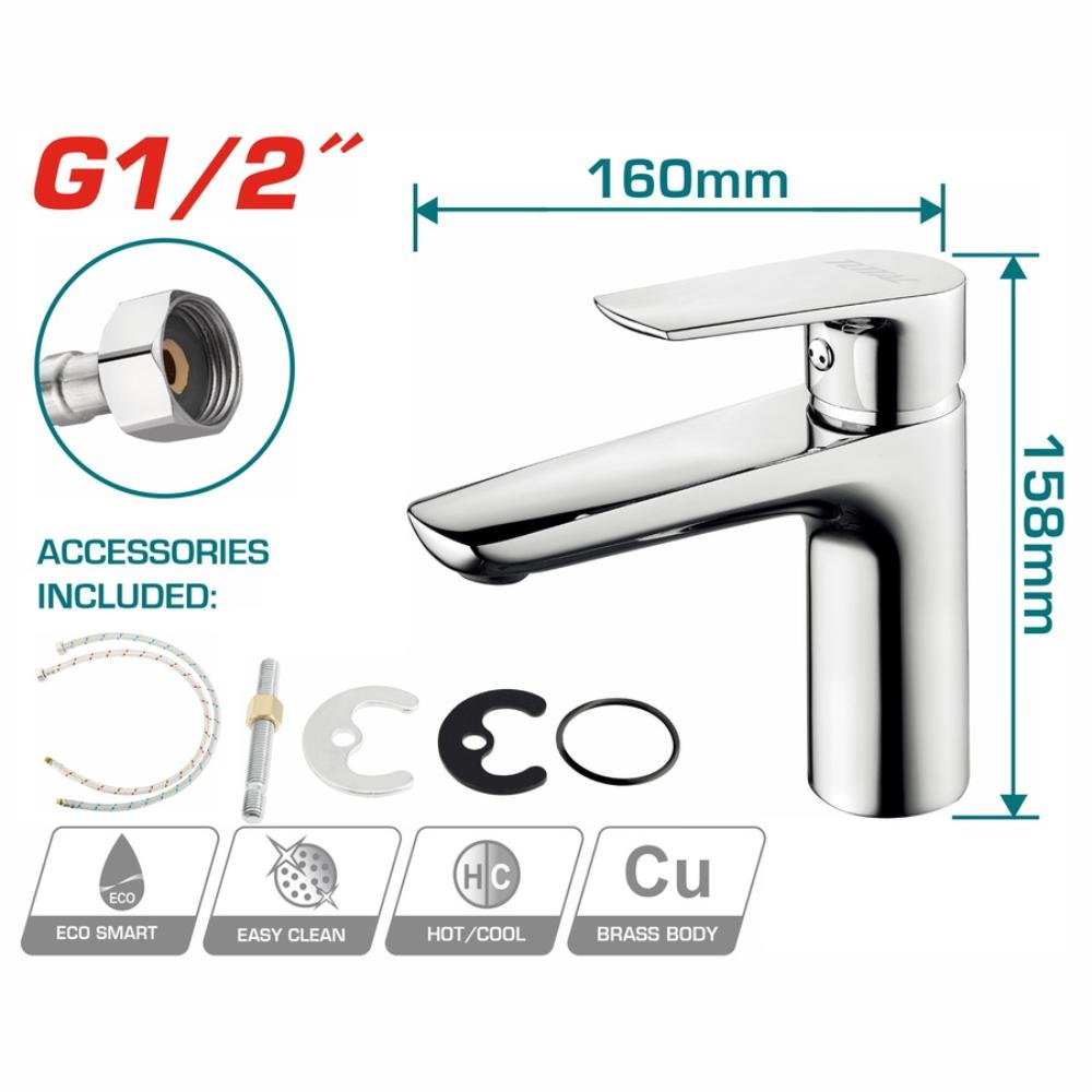 Μπαταρία Νιπτήρος Total Tslbm11501 με επιχρωμιωμένο φινίρισμα, κεραμικό μηχανισμό και εργονομικό σχεδιασμό για άνεση και κομψότητα στο μπάνιο.