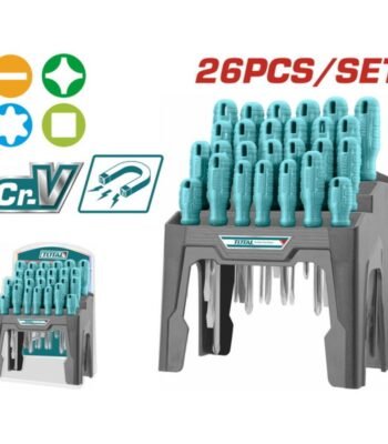 Total Σετ Κατσαβίδια 26 Τεμαχίων THTDC252601 CR-V με ίσια, Phillips, Torx και Square κατσαβίδια σε εκθετήριο πάγκου.