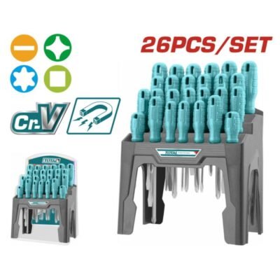 Total Σετ Κατσαβίδια 26 Τεμαχίων THTDC252601 CR-V με ίσια, Phillips, Torx και Square κατσαβίδια σε εκθετήριο πάγκου.
