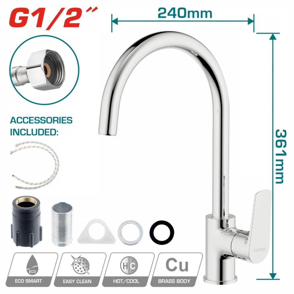 Μπαταρία Νεροχύτη Total Tslbm23401 με μοντέρνο σχεδιασμό, κατάλληλη για κουζίνα, με περιστρεφόμενο ρουξούνι και ανθεκτικό φινίρισμα.