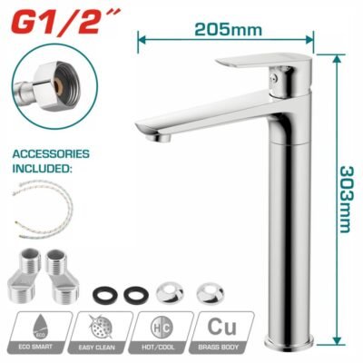 Μπαταρία Νιπτήρος Total Μακριά με μακρύ ρουξούνι, επιχρωμιωμένο φινίρισμα και εργονομικό σχεδιασμό για άνεση και κομψότητα στο μπάνιο.