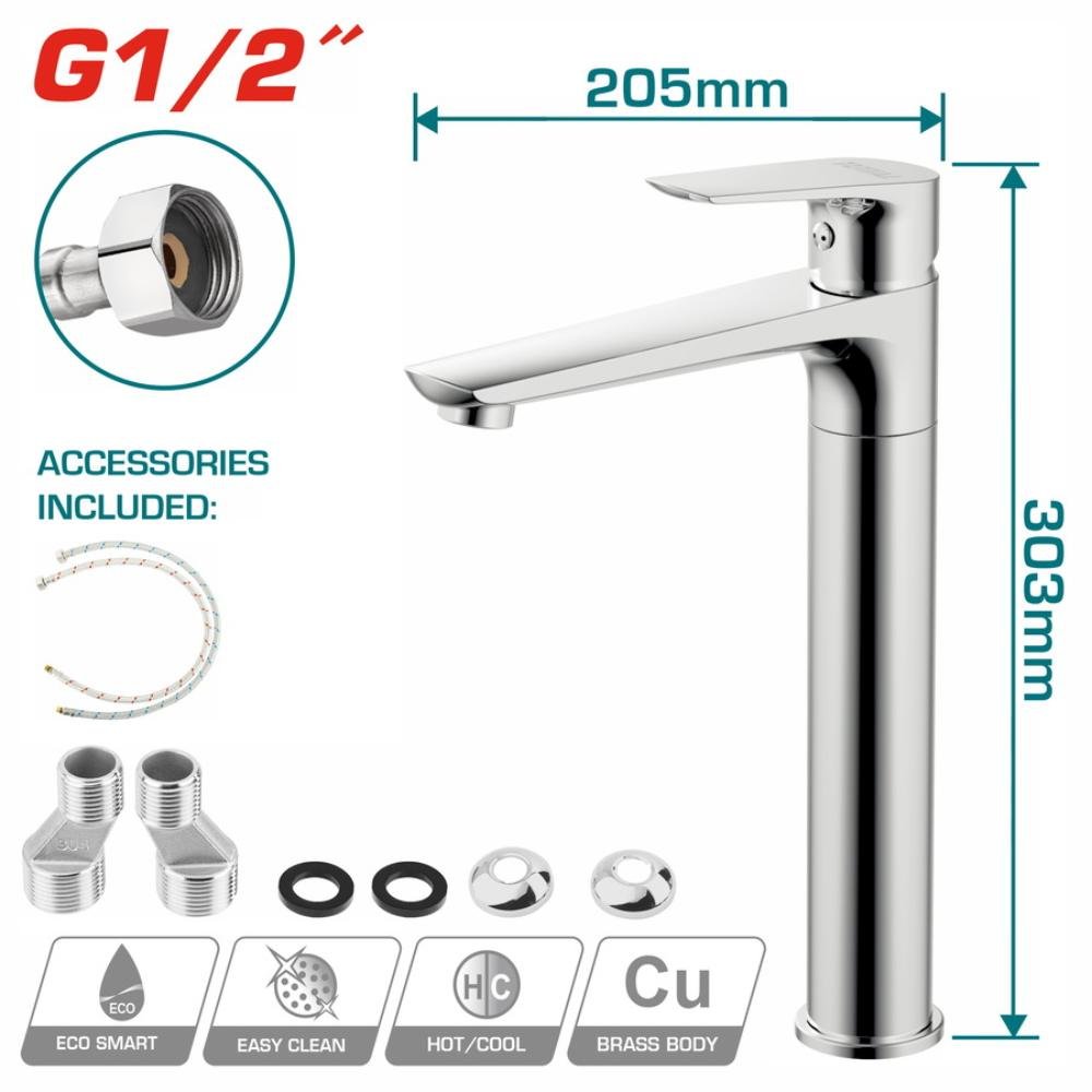 Μπαταρία Νιπτήρος Total Μακριά με μακρύ ρουξούνι, επιχρωμιωμένο φινίρισμα και εργονομικό σχεδιασμό για άνεση και κομψότητα στο μπάνιο.