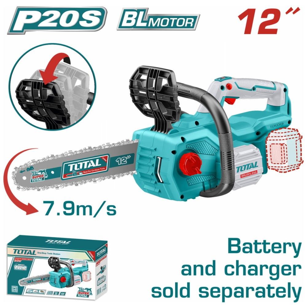 Αλυσοπρίονο Μπαταρίας TOTAL TGSLI20128 με ισχυρό brushless κινητήρα και λάμα κοπής.