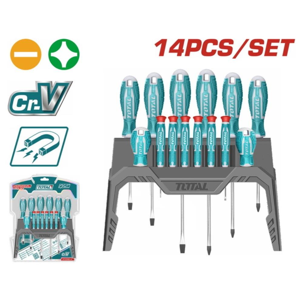 Total Σετ Κατσαβίδια 14 Τεμαχίων THT250614 CR-V σε βάση Super Select με ίσια και σταυρού κατσαβίδια.