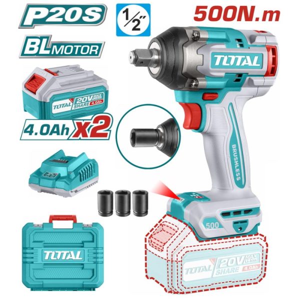 TOTAL ΕΠΑΓΓ. ΜΠΟΥΛΟΝΟΚΛΕΙΔΟ ΜΠΑΤ. Li-ion 20V / 4Ah / 500Nm / 2 ΜΠΑΤΑΡΙΕΣ (TIWLI2050)