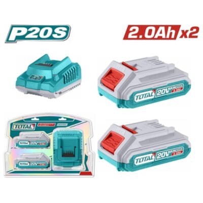 TOTAL TFBCPK1222E Σετ Μπαταρίες 20V/2Ah + Φορτιστής σε λευκό φόντο