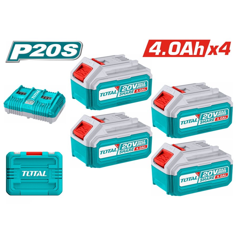 TOTAL Σετ TFBCLI20244: 4x Μπαταρίες 20V/4Ah με διπλό φορτιστή για εργαλεία