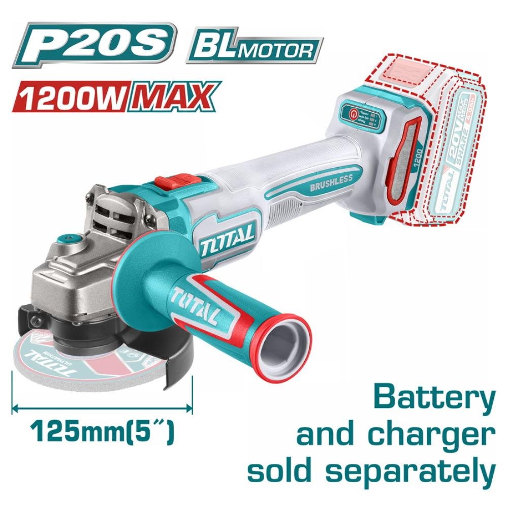 Γωνιακός Τροχός Μπαταρίας TOTAL TAGLI221253 – Εργαλείο 20V για κοπή και λείανση Γωνιακός Τροχός Μπαταρίας TOTAL TAGLI221253 125mm σε λευκό φόντο