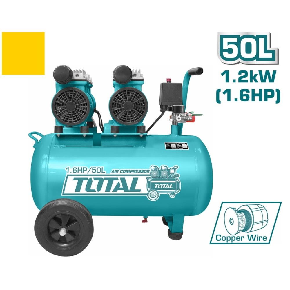 Αεροσυμπιεστής Total Χαμηλού Θορύβου 50Lit χωρίς λάδι, ιδανικός για επαγγελματική και οικιακή χρήση.