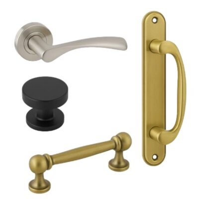 Πόμολα & Λαβές σε μοντέρνο και κλασικό σχεδιασμό για πόρτες και παράθυρα, σε φόντο λευκό.