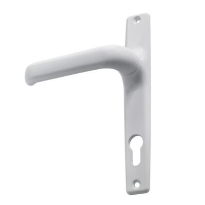 Πόμολο Αλουμινόπορτας Domus Λευκό 6145L με πλάκα και μηχανισμό ελατηρίου, ιδανικό για πόρτες αλουμινίου με κομψό λευκό φινίρισμα.