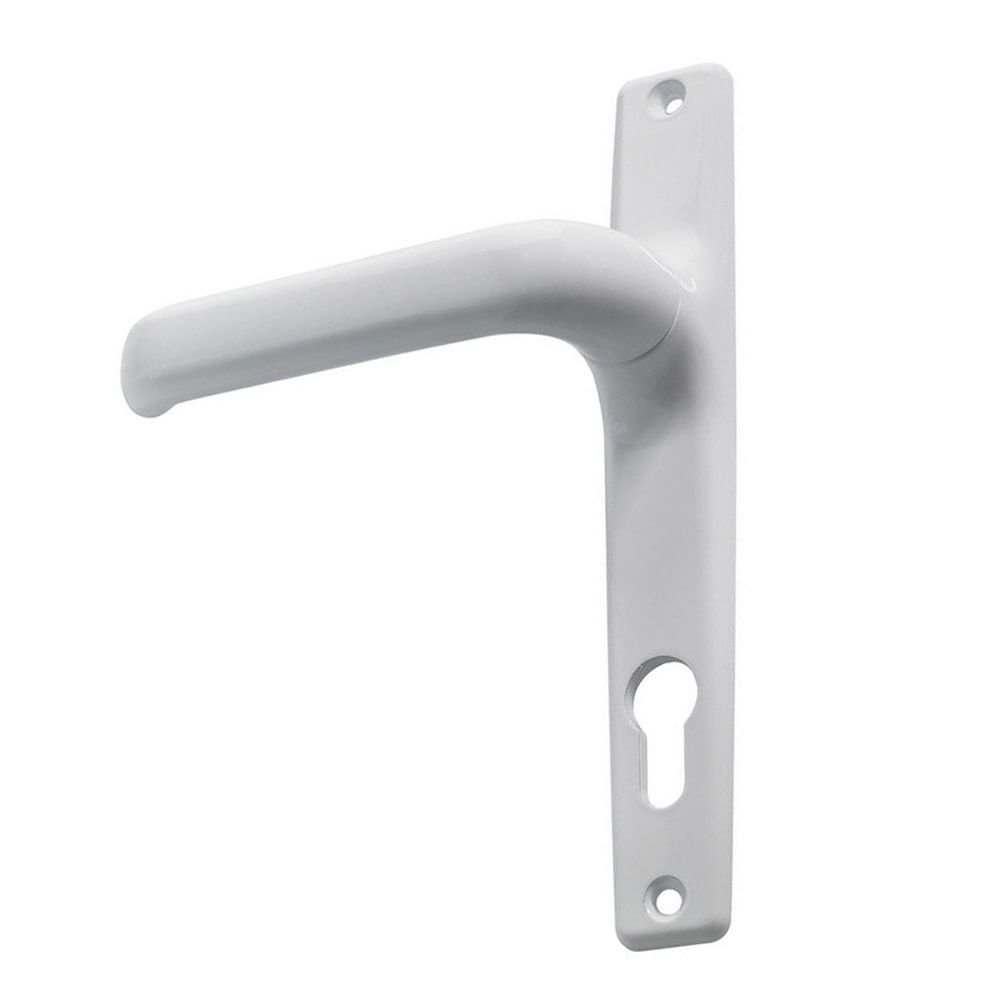 Πόμολο Αλουμινόπορτας Domus Λευκό 6145L με πλάκα και μηχανισμό ελατηρίου, ιδανικό για πόρτες αλουμινίου με κομψό λευκό φινίρισμα.