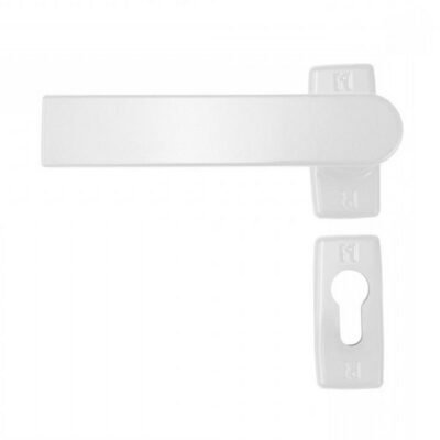 Πόμολο Αλουμινόπορτας Domus Μικρό Λευκό με μεταλλικές ροζέτες Skyline και μηχανισμό ελατηρίου.