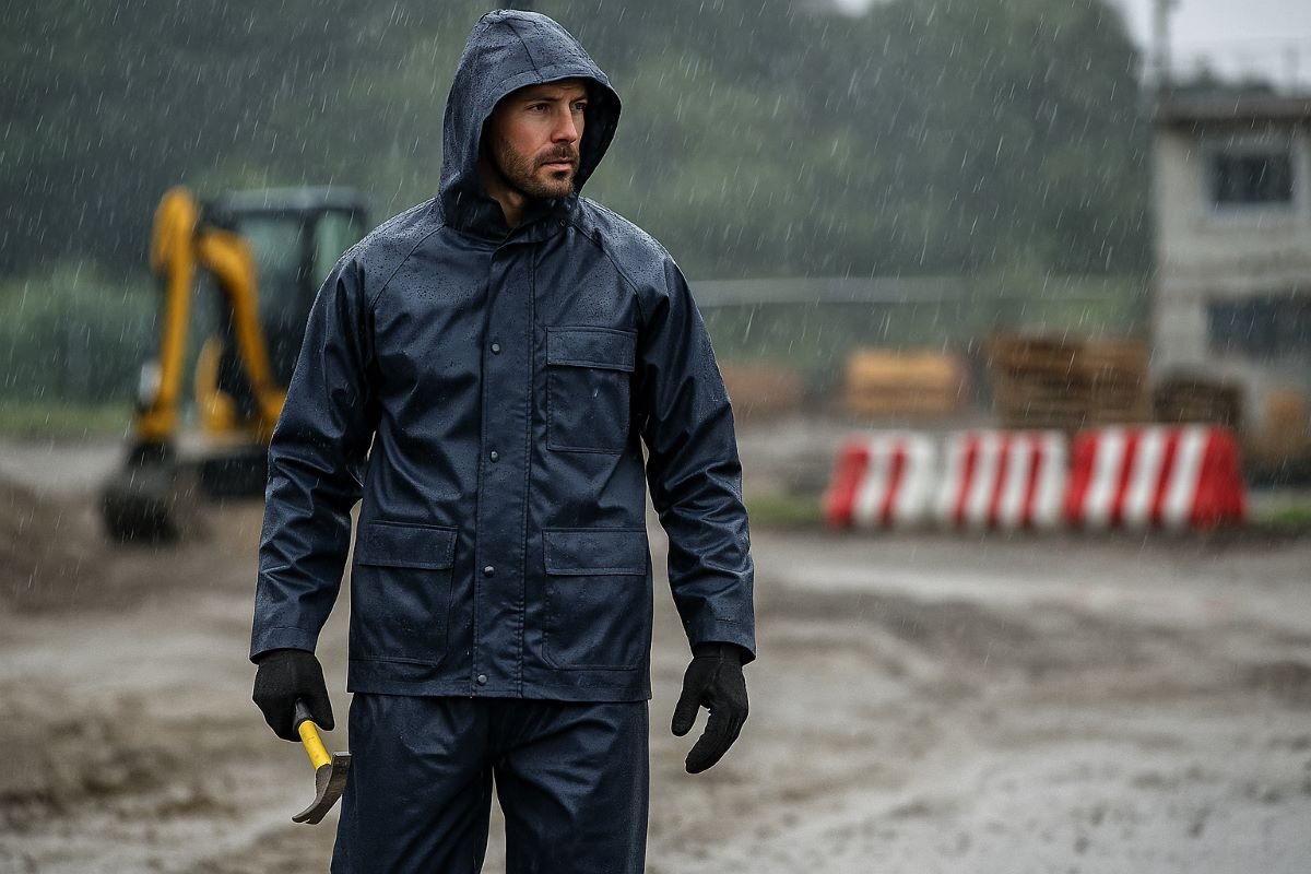 Εργάτης σε εξωτερικό χώρο φοράει ανθεκτικό αδιάβροχο εργασίας — Τα Καλύτερα Αδιάβροχα Εργασίας για επαγγελματίες.