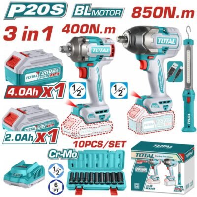 Σετ Μπουλονόκλειδα Total με λάμπα συνεργείου για επαγγελματική χρήση.