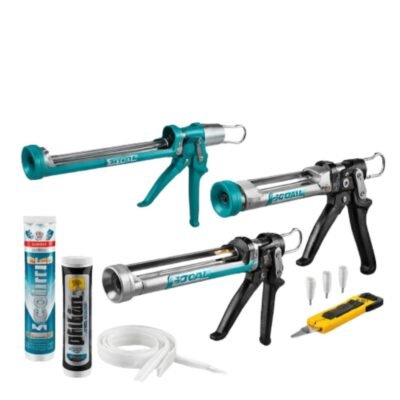Πιστόλια Σιλικόνης Χειρός επαγγελματικού τύπου με σωλήνες σιλικόνης και αξεσουάρ σε λευκό φόντο.