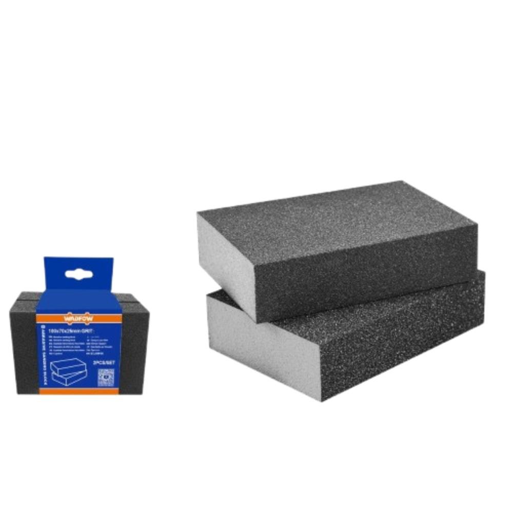 Wadfow Σφουγγάρι Γυαλόχαρτο 100x70x25mm για λείανση ξύλου και μετάλλου, σετ 2 τεμαχίων