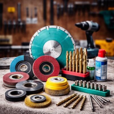 Διάφορα Αναλώσιμα Εργαλείων σε λευκό φόντο, περιλαμβάνουν δίσκους κοπής, λειαντικά, βούρτσες και μύτες εργαλείων