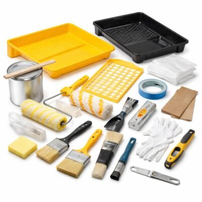 Διάφορα Αξεσουάρ Βαφής σε λευκό φόντο, πινέλα, ρολά, δίσκοι βαφής και εργαλεία για οικιακή και επαγγελματική χρήση.