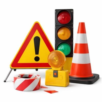 Οδική Σήμανση με πινακίδες, κώνους, φανάρια και ταινίες σήμανσης σε λευκό φόντο