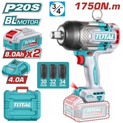 Total Επαγγελματικό Μπουλονόκλειδο 1750nm 20V με 2 μπαταρίες 8Ah και ισχυρό brushless κινητήρα