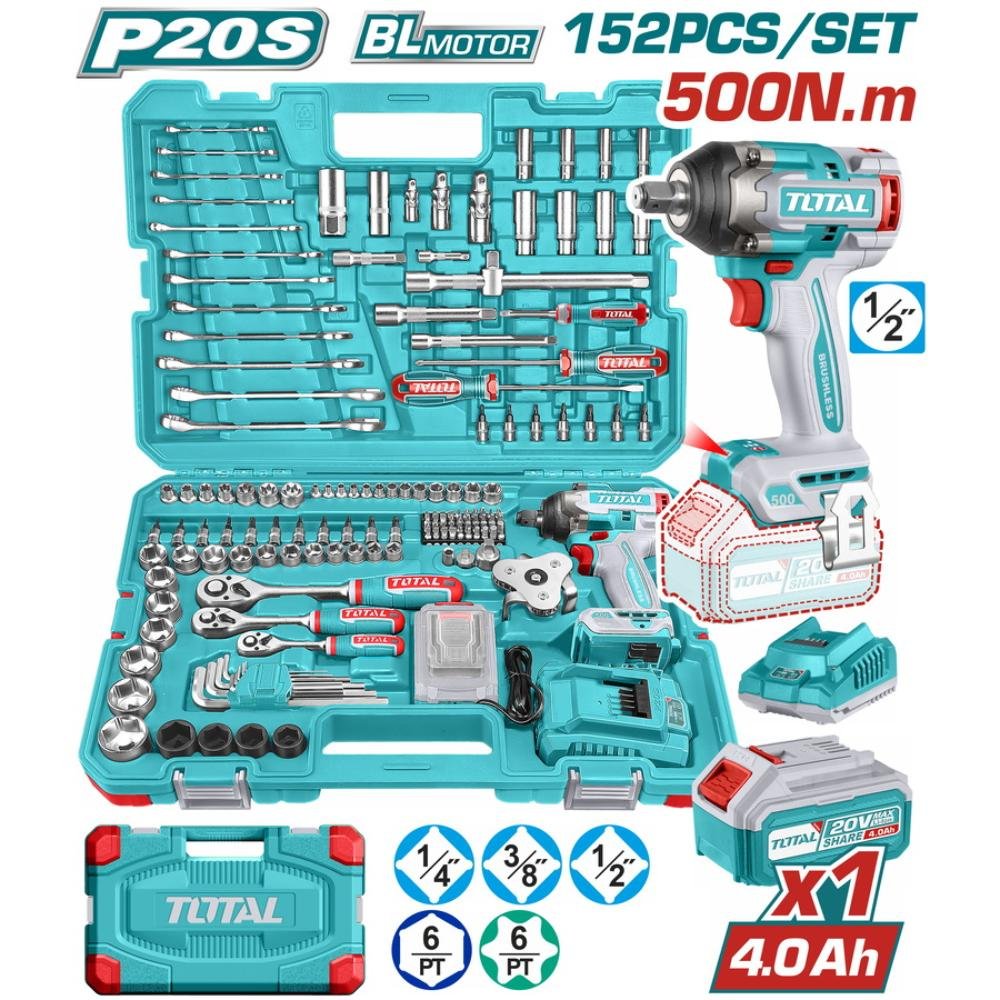 Total Σετ Μπουλονόκλειδο 152 Τεμαχίων Thkthp31522 20V 500Nm με μπαταρία 4Ah και 152 εργαλεία