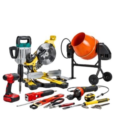 Διάφορα Δομικά Εργαλεία & Μηχανήματα για κατασκευές και επαγγελματική χρήση σε λευκό φόντο