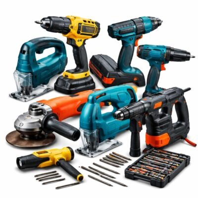 Διάφορα Ηλεκτρικά Εργαλεία σε λευκό φόντο, όπως δραπανοκατσάβιδα, τροχός, σέγα και εξαρτήματα για επαγγελματική και οικιακή χρήση