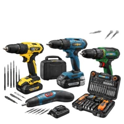 Δραπανοκατσάβιδα & Ηλεκτρικά Κατσαβίδια σε λευκό φόντο, επαγγελματικά εργαλεία για διάτρηση και βίδωμα.