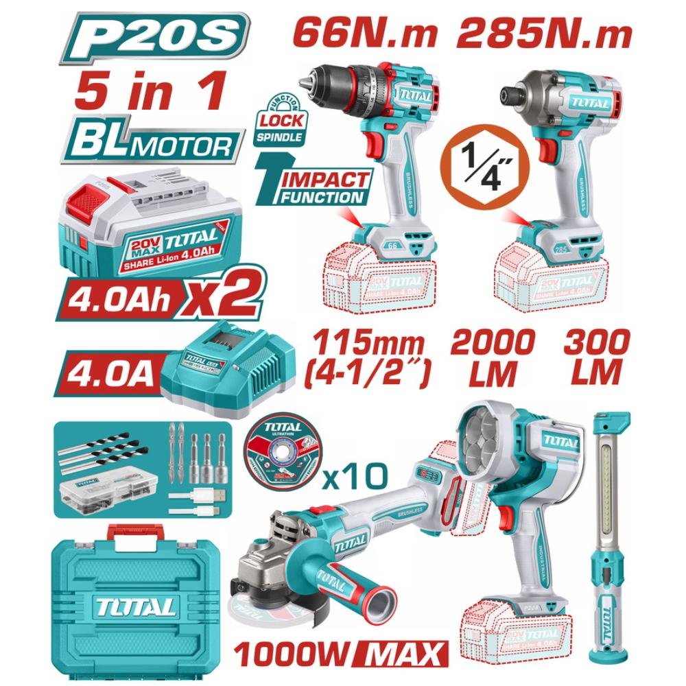 Δραπανοκατσάβιδο Μπαταρίας Total Σετ 5 Τεμαχίων με μπαταρίες Li-Ion 20V και Brushless κινητήρα