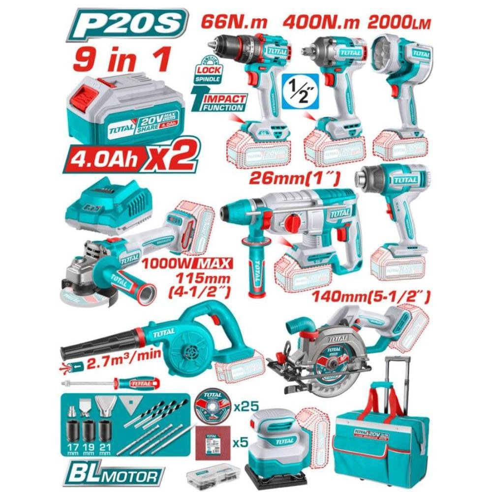 Επαγγελματικό Σετ Εργαλείων Μπαταρίας Total 20v 9Τεμαχίων με 2 μπαταρίες 4Ah και κινητήρες Brushless