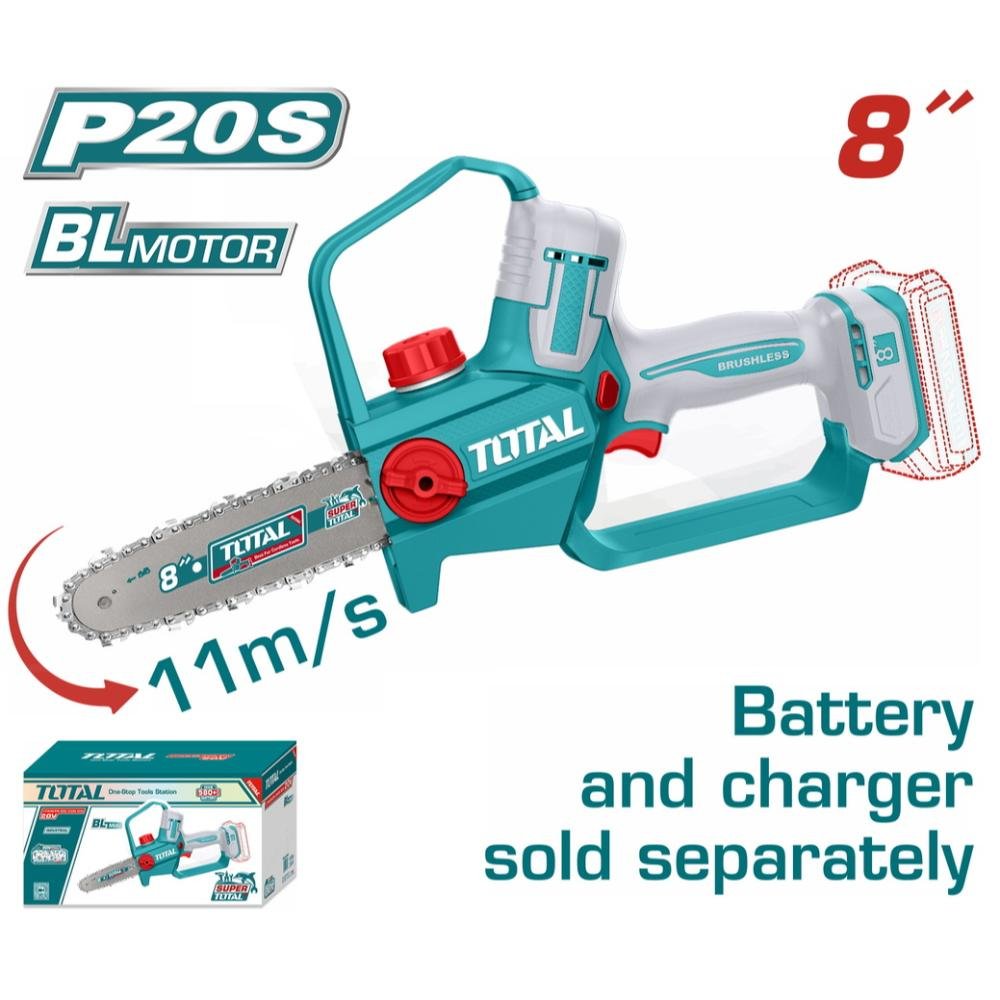 Επαγγελματικό Κλαδευτικό Αλυσοπρίονο Total Tgsli2088 20V Brushless Επαγγελματικό Κλαδευτικό Αλυσοπρίονο Total Tgsli2088 20V με λάμα 8 ιντσών και brushless κινητήρα για ακριβές κλάδεμα