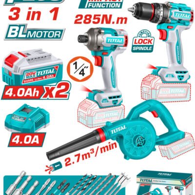 Επαγγελματικό Σετ Εργαλείων Μπαταρίας Total 20v Li-Ion με δραπανοκατσάβιδο, παλμικό κατσαβίδι και φυσητήρα
