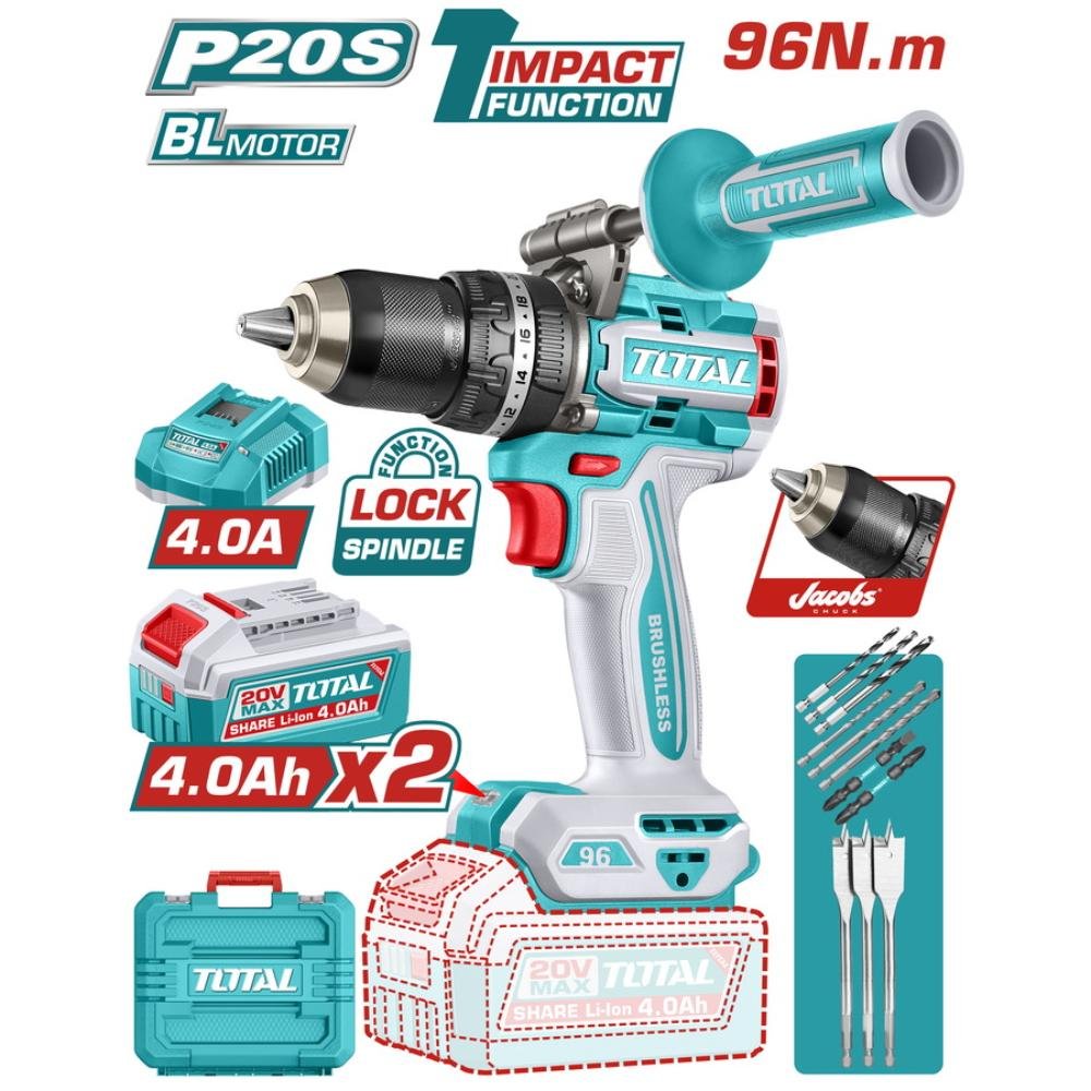 Κρουστικό Δραπανοκατσάβιδο Brushless Total Tidli209686e 20V με 2 μπαταρίες 4Ah και ισχυρή ροπή 96Nm