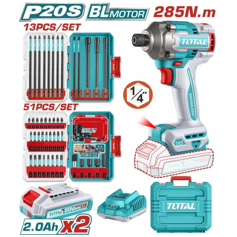 Παλμικό Κατσαβίδι Μπαταρίας Total 20v Tosli250784e με 2 μπαταρίες Li-Ion 2Ah και ισχύ 285Nm