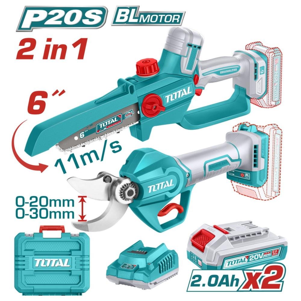 Σετ Αλυσοπρίονο Και Ψαλίδι Total Tosli250795e με μπαταρία Li-Ion 20V και δύο μπαταρίες 2Ah για επαγγελματικό κλάδεμα