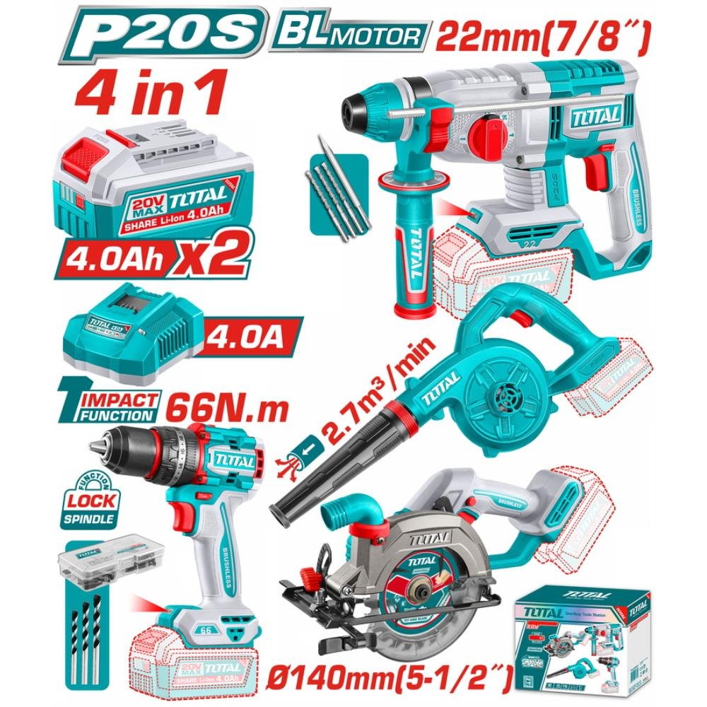 Σετ Εργαλείων Μπαταρίας 20v Total Tosli250695e με 4 επαγγελματικά εργαλεία, 2 μπαταρίες 4Ah και εξαρτήματα