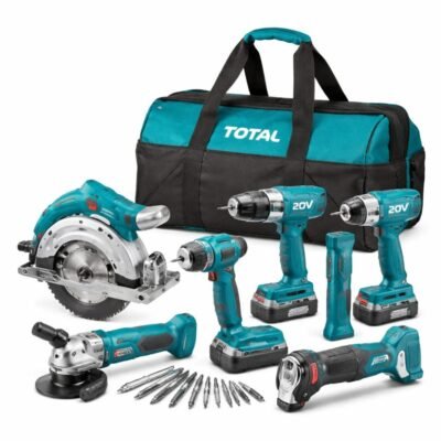 Σετ Εργαλείων Μπαταρίας με επαγγελματικά ασύρματα εργαλεία, δράπανο, δισκοπρίονο και τροχό σε λευκό φόντο