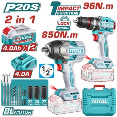 Σετ Εργαλείων Μπαταρίας Total 20v Brushless με δραπανοκατσάβιδο και μπουλονόκλειδο υψηλής ισχύος