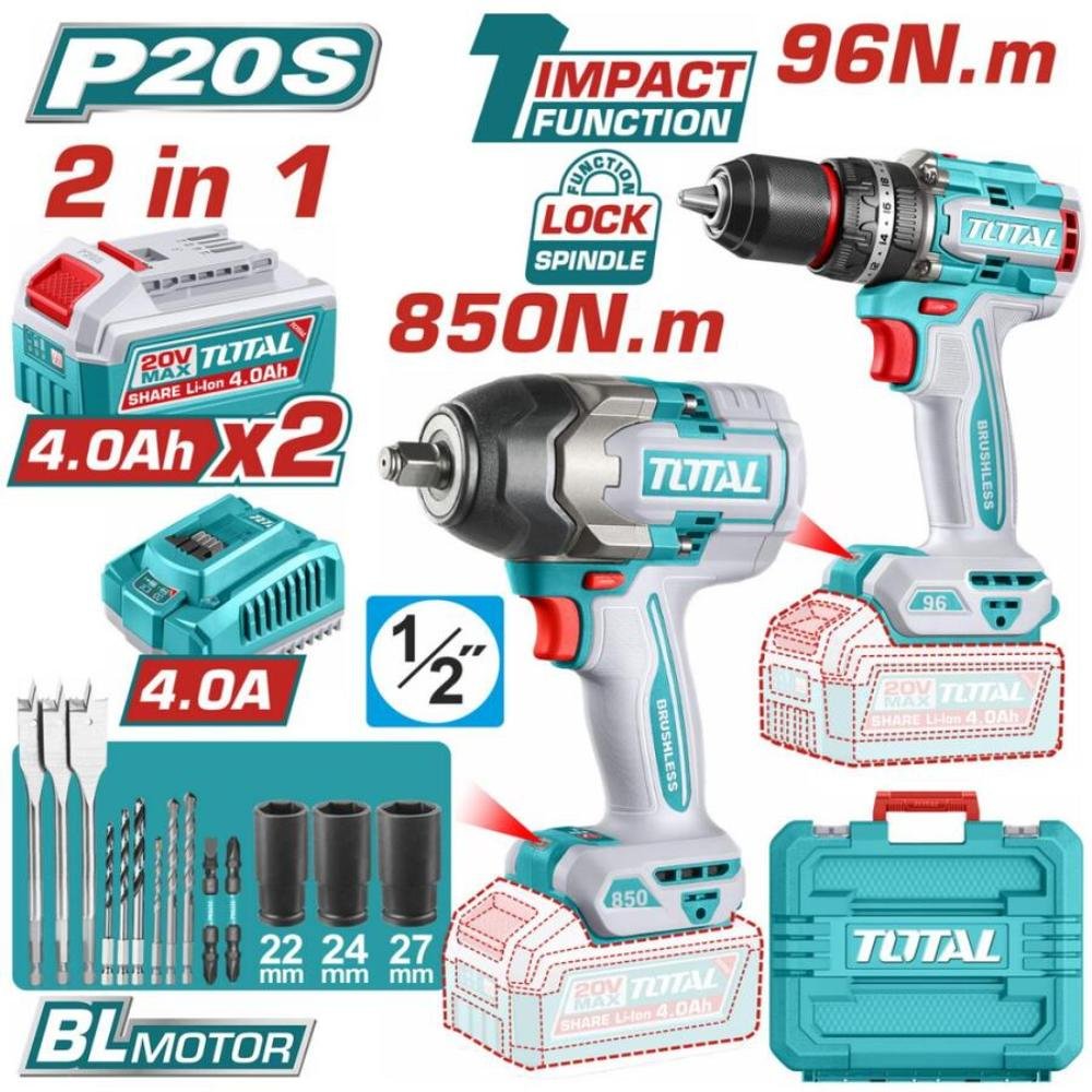 Σετ Εργαλείων Μπαταρίας Total 20v Brushless με δραπανοκατσάβιδο και μπουλονόκλειδο υψηλής ισχύος
