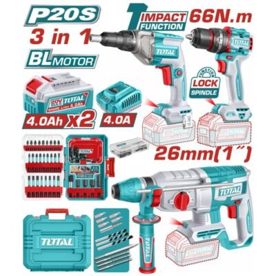 Total Tosli250591e Σετ Εργαλείων Μπαταρίας με δραπανοκατσάβιδο κρούσης, πνευματικό πιστόλι και κατσαβίδι γυψοσανίδας 20V