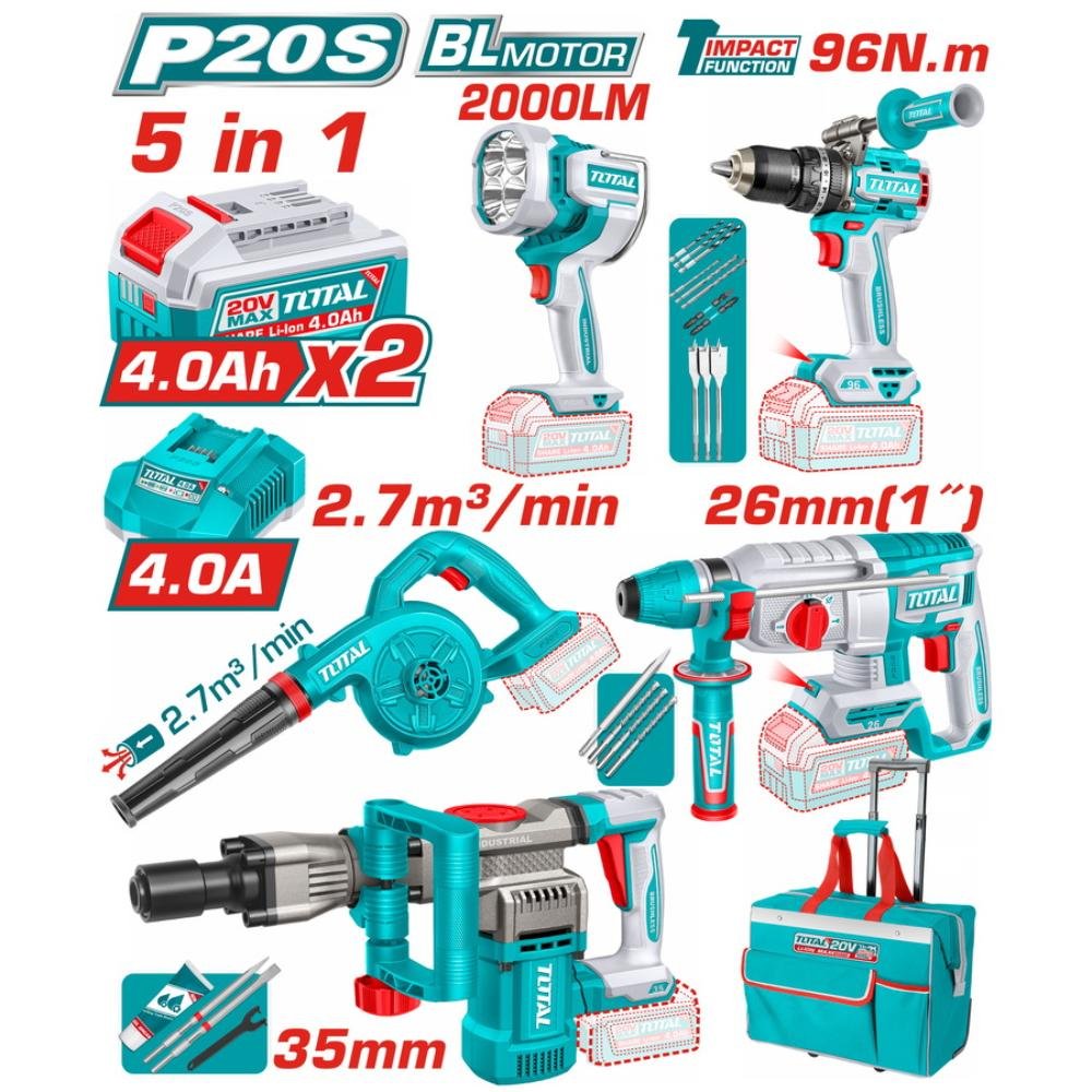 Total TOSLI251083E Σετ Εργαλείων Μπαταρίας 20V 5τεμ με 2 μπαταρίες 4Ah και BL Motor