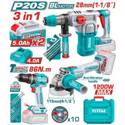 Total TOSLI251195E Σετ Εργαλείων Μπαταρίας με δραπανοκατσάβιδο, γωνιακό τροχό και πνευματικό πιστόλι 20V