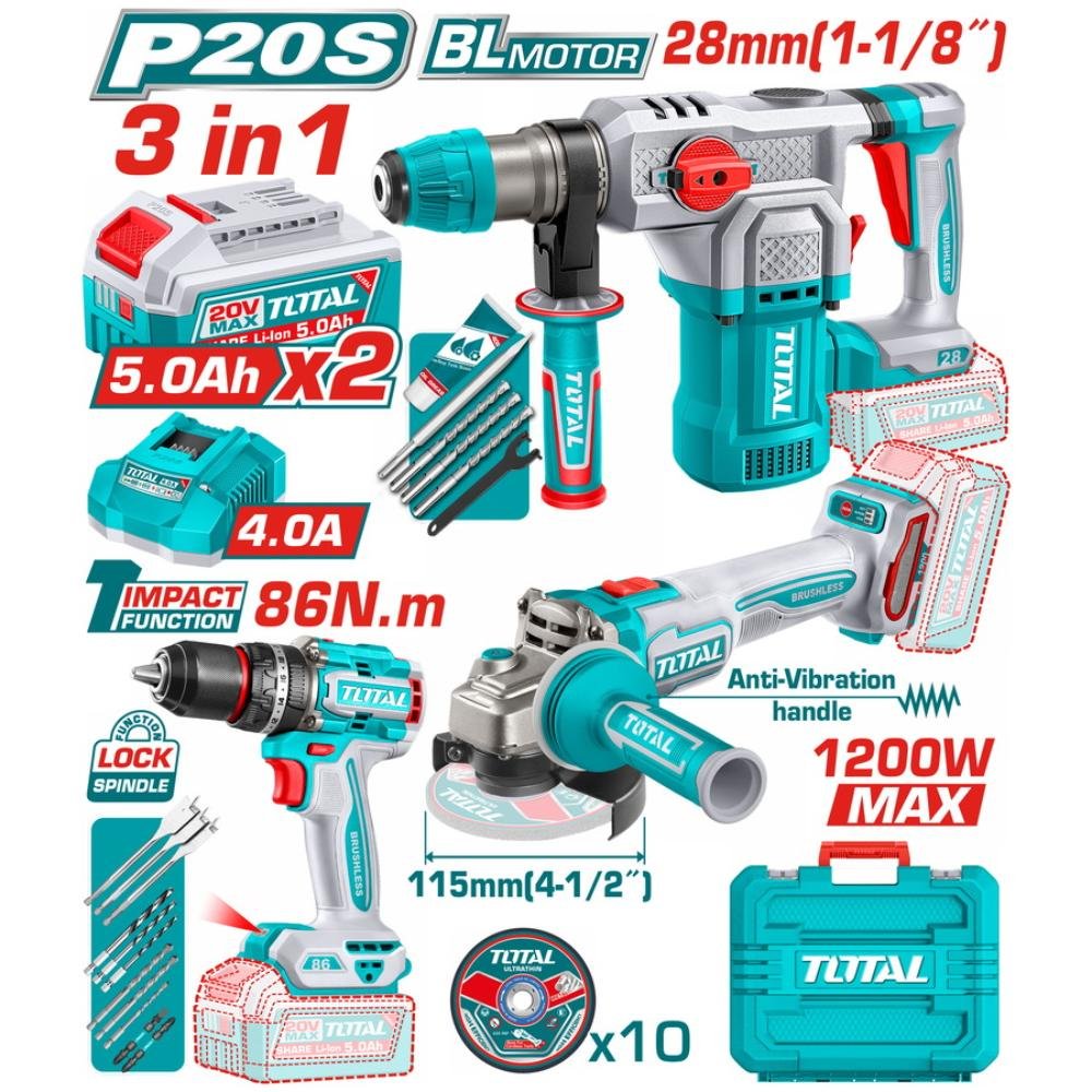 Total TOSLI251195E Σετ Εργαλείων Μπαταρίας με δραπανοκατσάβιδο, γωνιακό τροχό και πνευματικό πιστόλι 20V