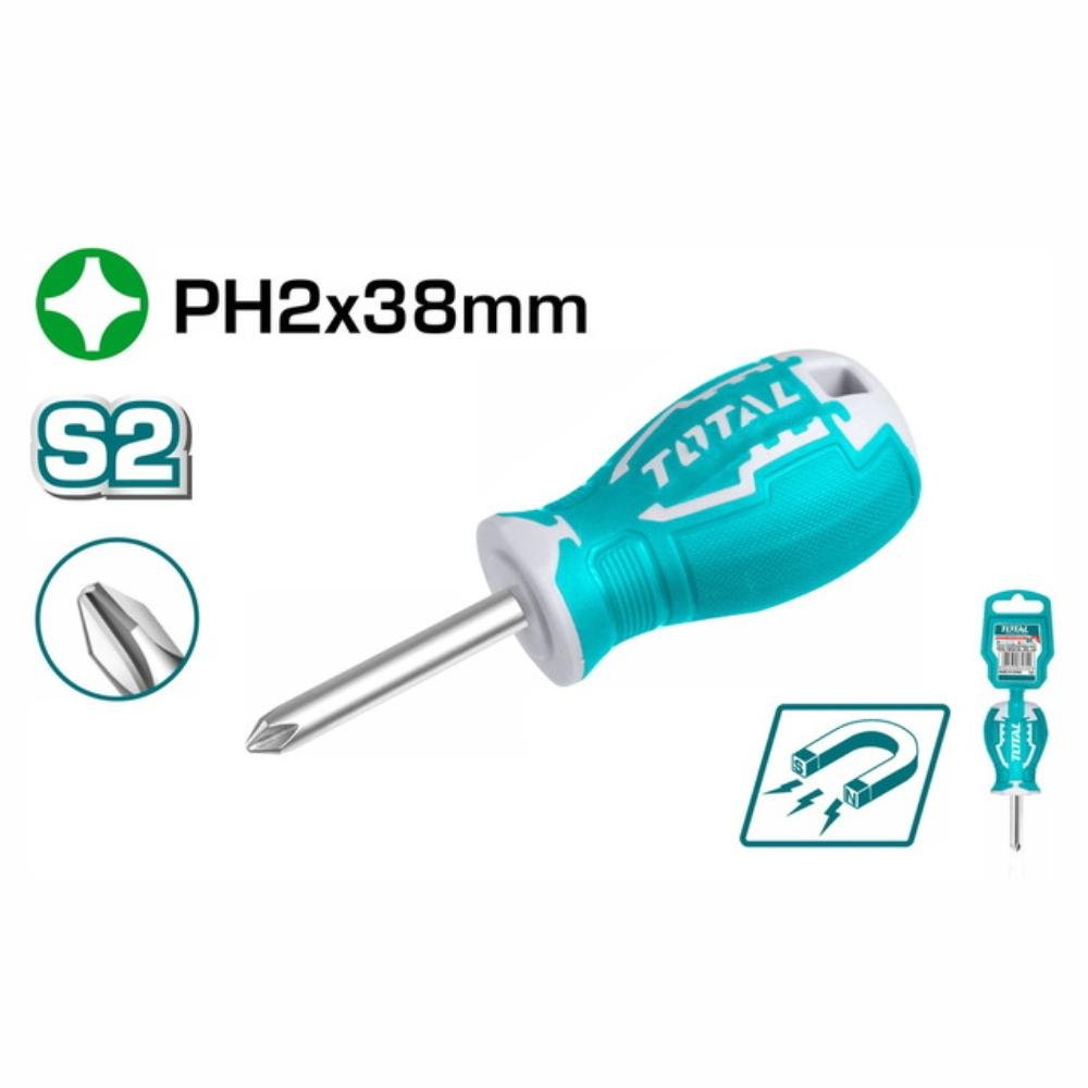 Κατσαβίδι Total PH2 38mm Μαγνητικό Κατσαβίδι Total PH2 38mm Μαγνητικό με σταυροειδή μύτη και μικρό μήκος για ακριβείς εργασίες