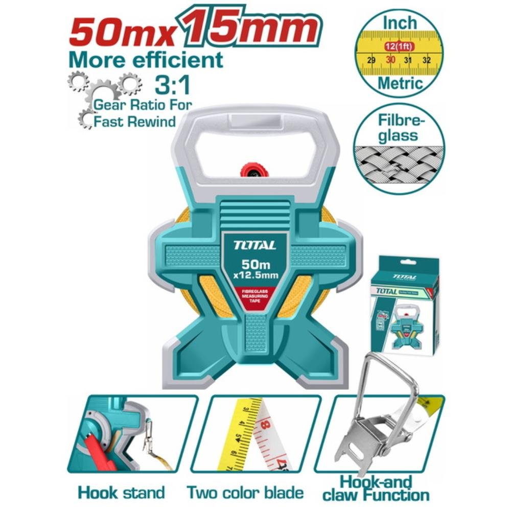 Μετροταινία Fibreglass Total 50m TMTF18506 επαγγελματικό εργαλείο μέτρησης Μετροταινία Fibreglass Total 50m TMTF18506 για επαγγελματικές μετρήσεις μεγάλων αποστάσεων