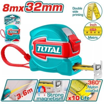 Μετροταινία Total 8m x 32mm TMT80832 επαγγελματική με μετρική και ίντσα κλίμακα και μαγνητικό γάντζο.