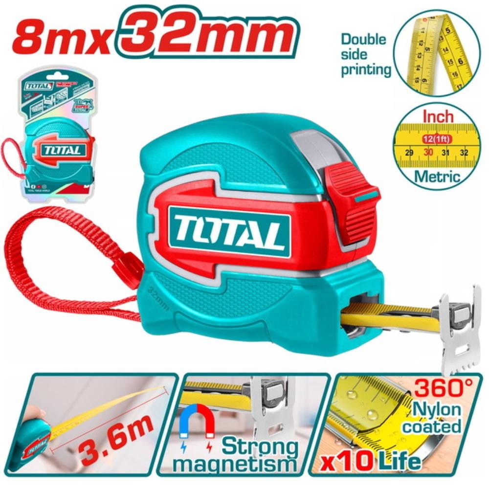 Μετροταινία Total 8m x 32mm TMT80832 Μετροταινία Total 8m x 32mm TMT80832 επαγγελματική με μετρική και ίντσα κλίμακα και μαγνητικό γάντζο.